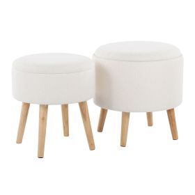 Tray Contemporary Storage Ottoman with Matching Stool in Textured Cream Fabric and Natural Wood Legs by LumiSource - as Pic