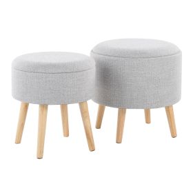 Tray Contemporary Storage Ottoman with Matching Stool in Light Grey Fabric and Natural Wood Legs by LumiSource - as Pic