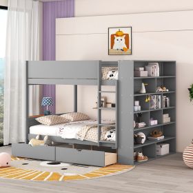 Full over Full Bunk Bed With 2 Drawers and Multi-layer Cabinet, Gray - as Pic