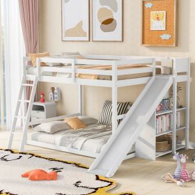 Full over Full Bunk Bed with Ladder, Slide and Shelves, White - as Pic