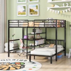 Full Over Twin Metal Bunk Bed with Built-in Desk, Shelves and Ladder, Black - as Pic