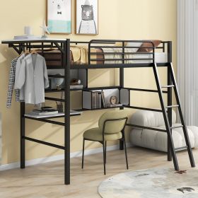 Twin Size Metal Loft Bed with 2 Shelves, a desk and a Hanging Clothes Rack, Black and White - as Pic