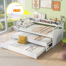 Twin XL Wood Daybed with 2 Trundles, 3 Storage Cubbies, 1 Light for Free and USB Charging Design, White - as Pic