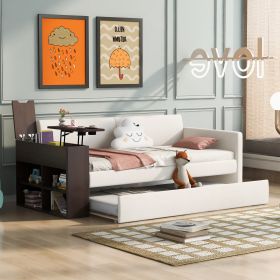 Twin Size Upholstery Daybed with Storage Arm, Trundle, Cup Holder and USB Design, Beige - as Pic
