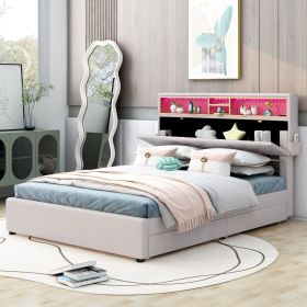 Full Size Upholstered Platform Bed with Storage Headboard, LED, USB Charging and 2 Drawers, Beige - as Pic