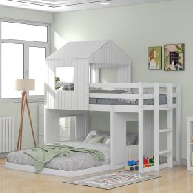 Wooden Twin Over Full Bunk Bed, Loft Bed with Playhouse, Farmhouse, Ladder and Guardrails, White( old sku: LT000027AAK ) - as Pic