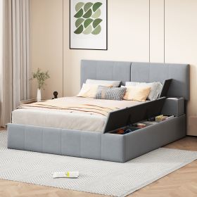 Queen Size Upholstered Platform Bed with Lateral Storage Compartments and Thick Fabric, Velvet, Gray - as Pic