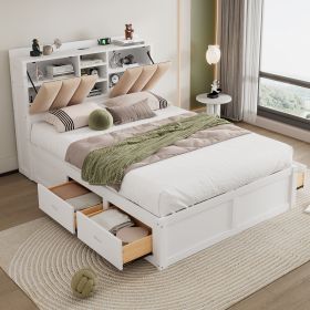 Wood Full Size Platform Bed with Storage Headboard and 4 Drawers, White - as Pic