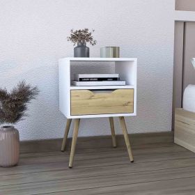 DEPOT E-SHOP Emma Nightstand, Superior Top, Four Legs, One Open Shelf, One Drawer, White / Light Oak - as Pic