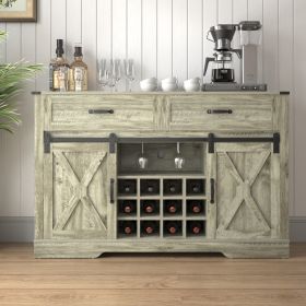 Farmhouse Storage Sideboard Buffet Coffee Bar Cabinet with Sliding Barn Door, 3 Drawers, Wine and Glass Rack - Light Gray - as Pic