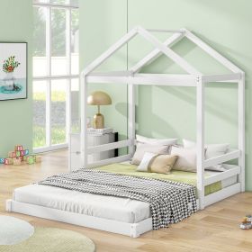 Wood Full Size House Bed with Guardrail, White - as Pic
