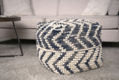 Alina Wool and Cotton Pouf, Natural and Blue - as Pic
