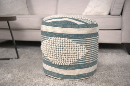 Diamond Handcrafted Fabric Cylindrical Pouf, White and Teal - as Pic
