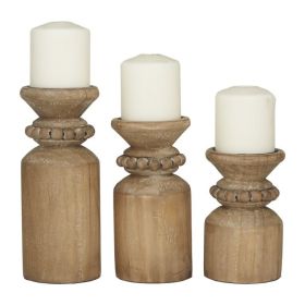 DecMode 3 Candle Brown Wood Candle Holder, Set of 3 - DecMode