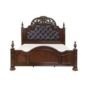 Formal Traditional Eastern King Bed 1pc Button Tufted Upholstered Headboard Posts Cherry Finish Bedroom Furniture Carving Wood Design - as Pic