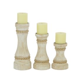 DecMode 3 Candle Cream Wood Candle Holder, Set of 3 - DecMode