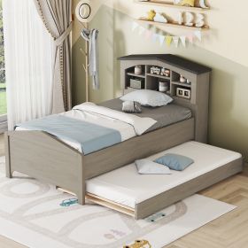 Twin Size Wood Platform Bed with House-shaped Storage Headboard and Trundle, Gray - as Pic
