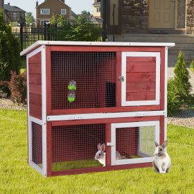 Wood Rabbit Hutch;  Pet Playpen with 2 Stories;  Ramp;  Doors;  Pull-out Tray;  Water Bottle;  Outdoor Enclosure for Small Animals Bunnies - red+white