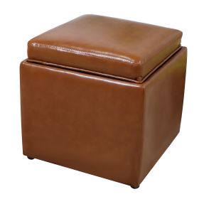 Square Storage Ottoman with Tray Faux Leather Upholstered Footrest Stool - Brown