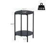2-layer End Table with Tempered Glass and Marble Tabletop;  Round Coffee Table with  Metal Frame for Bedroom Living Room Office - Black+Black+Marble