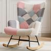 36.6 Inch Soft Seating Patchwork Accent Rocking Chair With Solid Wood Armrest And Feet - Pink