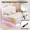 Queen Size Upholstered Bed Frame with LED Lights,Modern Upholstered Princess Bed With Crown Headboard,White - as Pic