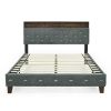 Queen Size Bed Frame, Shelf Upholstered Headboard, Platform Bed with Outlet & USB Ports, Wood Legs, No Box Spring Needed, Easy Assembly, Grey - as Pic