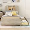 Twin Size Storage Platform Bed Frame with with Trundle and Light Strip Design in Headboard,Natural - as Pic