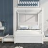 Wood Canopy Bed with Trundle Bed ,Full Size Canopy Platform bed With Support Slats .No Box Spring Needed, Brushed White - as Pic