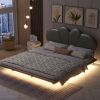 Queen Size Upholstery LED Floating Bed with PU Leather Headboard and Support Legs,Green - as Pic