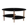 Black Oval glass coffee table, modern table in living room Oak wood leg tea table 3-layer glass table - as Pic