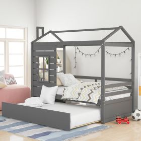 Twin Size House Bed Wood Bed with Twin Size Trundle ( Gray ) - pic