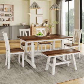 6-Piece Wood Dining Table Set Kitchen Table Set with Long Bench and 4 Dining Chairs, Farmhouse Style - White - Solid Wood