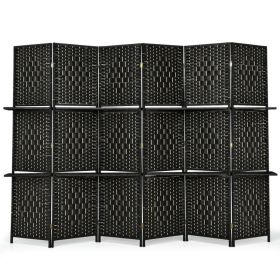 6 Panel Folding Weave Fiber Room Divider with 2 Display Shelves - Black
