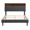 Full size Upholstered Platform Bed with Storage Headboard and USB Port, Linen Fabric Upholstered Bed (Gray) - as Pic