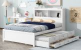 Full Size platform bed with trundle, drawers and USB plugs, White - as Pic