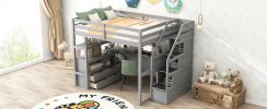 Full Size Loft Bed with Desk and Shelves, Two Built-in Drawers, Storage Staircase, Gray - as Pic