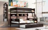 Wood Twin over Full Bunk Bed with Storage Shelves and Twin Size Trundle, Espresso - as Pic