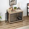 Furniture Style Dog Crate Side Table With Feeding Bowl, Wheels, Three Doors, Flip-Up Top Opening. Indoor, Grey, 38.58"W x 25.2"D x 27.17"H - as Pic