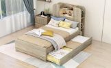 Twin Size Storage Platform Bed Frame with with Trundle and Light Strip Design in Headboard,Natural - as Pic