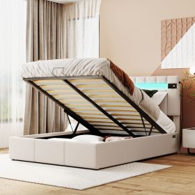 Upholstered Bed Full Size with LED light, Bluetooth Player and USB Charging, Hydraulic Storage Bed in Beige Velvet Fabric - as pic