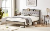 Bed frame with charging station full size, Grey, 83.1'' L x 56.1'' W x 39.2'' H. - as Pic
