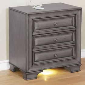 Gray Solid wood 1pc Nightstand Nickel Round Knob Transitional Style 3-Drawers Nightstand w Under Nightlight - as Pic