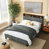 Queen Size Bed Frame, Shelf Upholstered Headboard, Platform Bed with Outlet & USB Ports, Wood Legs, No Box Spring Needed, Easy Assembly, Grey - as Pic