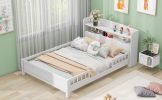 Wood Full Size Platform Bed with Built-in LED Light, Storage Headboard and Guardrail, White - as Pic
