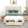 Full Size Upholstered Platform Bed with One Large Drawer in the Footboard and Drawer on Each Side,Beige - as Pic