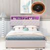 Full Size Upholstered Platform Bed with Storage Headboard, LED, USB Charging and 2 Drawers, Beige - as Pic