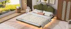 Queen Size Upholstery LED Floating Bed with PU Leather Headboard and Support Legs,Green - as Pic