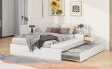 Full Size Wood Storage Hydraulic Platform Bed with Twin Size Trundle, Side Table and Lounge, White - as Pic