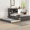 Twin Size Platform Bed with Storage Headboard, Charging Station, Twin Size Trundle and 3 Drawers, Antique Brown - as Pic